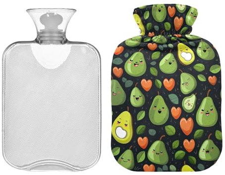 Cute Avocados Fruits Green Hot Water Bottle with Cover, 1 Liters Hot Water Bag for Neck, Shoulders and Legs Pain Relief, Menstrual Cramps, Hand Feet Warmer