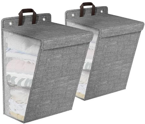 Gzsekken Hanging Laundry Hamper, 2 Pack Collapsible Laundry Bags, Large Laundry Hamper Bagsket Portable with Handle, Mesh Heavy Duty Hanging Space Saving Laundry Bag Over The Door Hamper, Grey