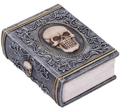 Nemesis Now Grimoire Schatzkiste, 11 cm, Harz, grau, Totenkopf-Buch-Zubehörbox, Horror-Geschenk, goldene Details, abnehmbarer Deckel, aus feinstem Kunstharz gegossen, fachmännisch handbemalt