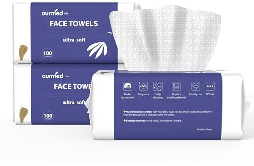 Ourmed Life Face Towels, Disposable Biodegradable Clean Facial Towels for Sensitive Skin, Lint- free Face Cloths for Makeup Remover, Skincare and Women Cleaning, Dry Wipes,300 Count Dot Texture
