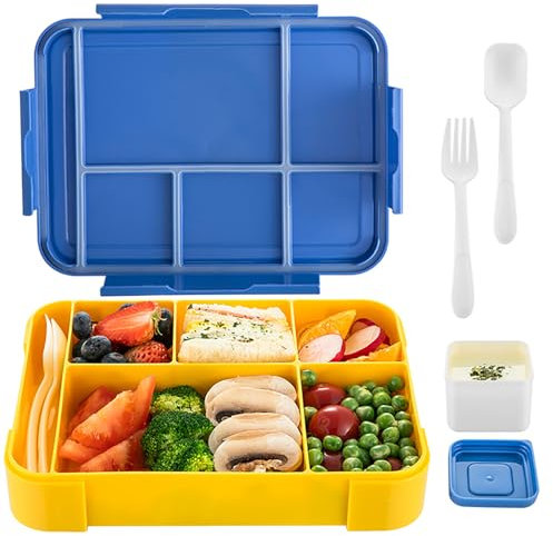 XingFuDM Brotdosen Kinder mit Besteckset Gabel und Löffel, 1330ml mit 6 Auslaufsicher Fächern Lunchbox Bento Box und einer Separaten Saucenbox, Vesperdose Jausenbox, Frühstücksbox, Brotzeitbox (Blau)