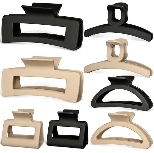 Hair Claw Clips Women & Girls - 8 Pcs Large & Small Non-Slip Matte Hair Clips in Beige & Black - Stylish Claw Clips Set for All Hair Types