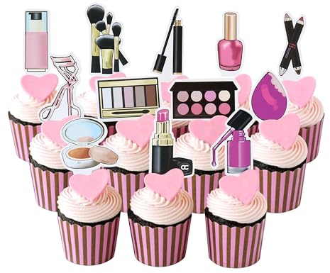 Blumomon 36Pcs Makeup Cupcake Toppers Perfume Lipstick Eyeshadow Palette Ornament Happy Birthday Cake Decoration for Bridal Shower Bachelorette Party Supplies