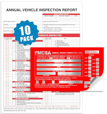 Jährliche Fahrzeuginspektionsberichtsform, 10 Stück, 3-lagig, kohlenstofffrei, 21,6 x 29,8 cm, mit roten FMCSA-Aluminium-Inspektionsaufklebern, permanent klebend, 15,2 x 8,9 cm