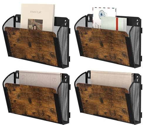 Solinxe Porte Document Mural 4 Poches en Métal - Organisateur de Bureau A4 avec Support de Rangement pour Papiers, Revues et Fichiers, Noir/Antique (Bureaux, École, Maison)