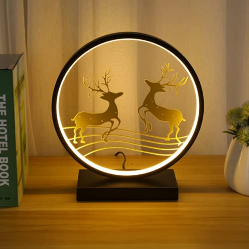SSNCcNC Schwarz, Kreativ Hirsch Tischlampe Runden Dekorative Nachttischlampe Dimmbar Drei-Farben-Licht Nachtlicht Tischleuchte Schlafzimmer Wohnzimmer Studio Café Babyzimmer H33*D30CM