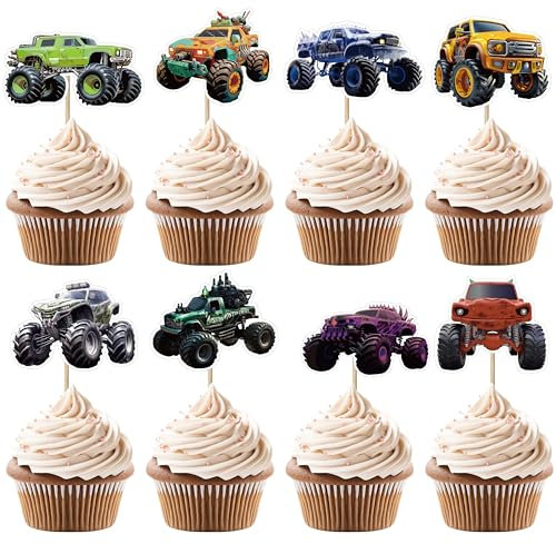 32 Stück Auto Tortendeko Deko Geburtstag Monster Truck Monster Truck Geburtstag Kuchen Deko Junge Truck Auto Muffin Deko LKW Cupcake Topper für Kinder Geburtstag Zubehör