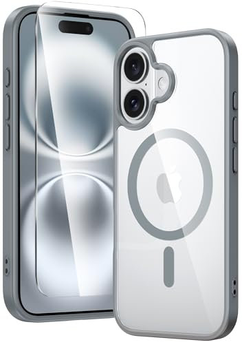 FNTCASE for iPhone 16 Phone Case: Clear Magnetic Military Grade Drop Protection Anti Yellowing Slim Case - Rugged Shockproof Protective Transparent Cell Phone Cover - Gray