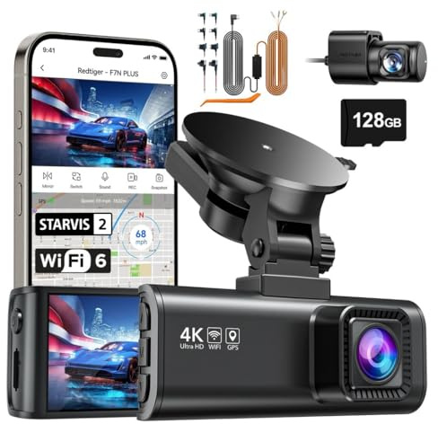 REDTIGER Dashcam Auto Vorne Hinten et Hardwire Kit 4K/2,5K mit STARVIS 2, Dash Cam Auto Kamera 3,18 IPS-Bildschirm, kostenlose 128-GB-Karte,5.8GHz WiFi, GPS, 170°Weitwinkel WDR