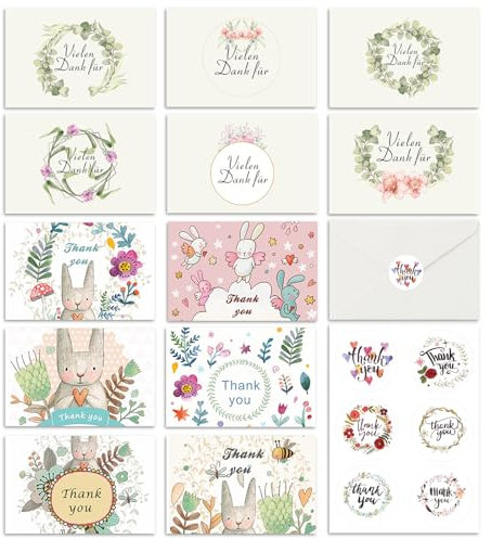 Syunyin 12 Stück Dankeskarten, Karten Danke mit Umschlag und Aufklebe, Grußkarten Geschenk Geschenkkarten DIY Dankeskarte für Kollege, Lehrerin, Familie, 10 x 15 cm, 6 auf Deutsch & 6 auf Englisch