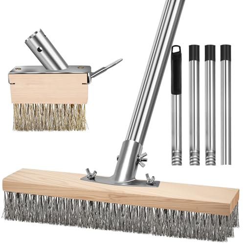 GHWMYD Escoba de Alambre con Mango Desmontable (165cm) y 2 Pinceles, Cepillo de Metal para Eliminar de Musgo, Malas Hierbas y Manchas Difíciles, Escoba de Exterior para Patio, Terraza, Jardín