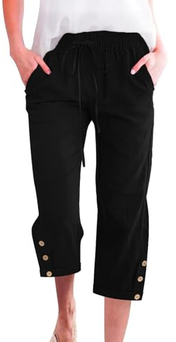 Voqeen Womens Cropped Trousers with Elasticated Waist Summer Cotton Capri Pants for Ladies 3/4 Length Trousers Lightweight with Pockets Casual Work Beach Pants Black