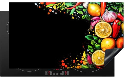 KitchenYeah© Herdabdeckplatte Einteilig 90x52 cm Küche Ceranfeld Abdeckplatte Cerankochfeld Abdeckung Induktionskochfeld Schutzmatte Zitronen - Paprika - Kräuter - Graffiti - Farbe - Abstrakt