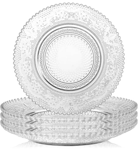 WHJY Lot de 4 assiettes en verre transparent de 15,2 cm - Assiettes vintage texturées à motif floral pour maison, fête, mariage, plats en verre cristal pour salade de fruits, apéritif, dessert