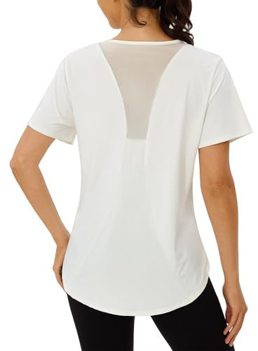 Terecey Sportshirt Damen Locker Fitness Yoga Shirt Kurzarm Funktionsshirt Laufshirt Leichtes Rundhalsausschnitt Wandershirt Frauen Athletisch Kurzarmshirt mit Back Mesh, Weiß L