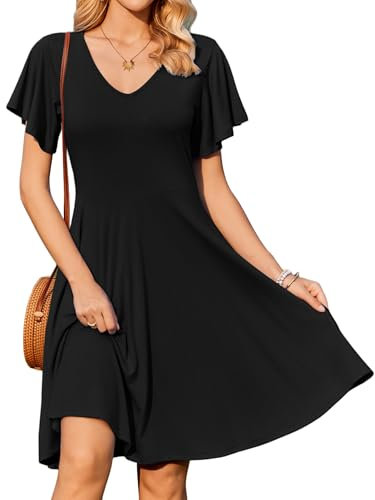 Zeagoo Damen Kleid Knielang Sommerkleider V-Ausschnitt Freizeitkleid Rüschen Ärmel Blusenkleid Lose Swing A-Linie Kleid mit Taschen Schwarz M