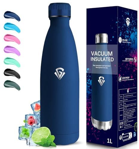 Grsta Gourde Isotherme, Gourde 1l, Gourde Inox, 24h Froid & 12h Chaud, Gourde sans Bpa, Gourde Metal, Double Vide, Gourde Sport, Facile à Transporter, Bouteille d'eau pour Aptitude, Yoga, Camping