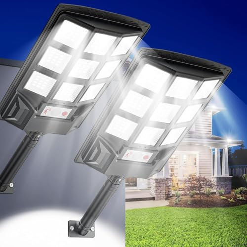 SENDALE Lot de 2 lampes solaires d'extérieur avec télécommande, 6500 K, lampadaire de rue solaire crépusculaire à l'aube IP66, lampadaire solaire d'extérieur pour jardin, garage