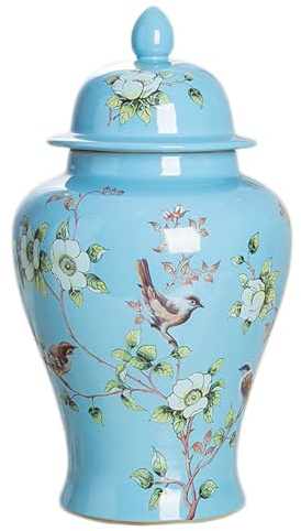 DECORN Pot de Gingembre Chinois avec Couvercle Style Antique - Vase Traditionnel en Porcelaine avec Oiseaux - Pots Couverts en céramique pour la Table décorative à la Maison,Bleu,7.3 Dia x 13.8 H