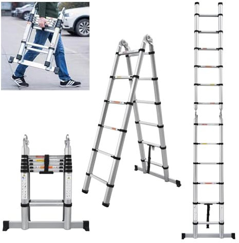 3.8m Telescopic Ladders with Stabiliser, 1.9m+1.9m A Frame Telescopic Multi Purpose Aluminium Combination Step Ladder, Extension Ladders Extendable Folding Garden Loft Ladder for Window,EN131