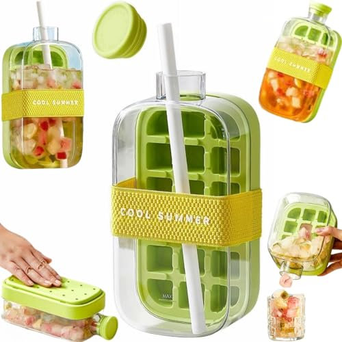 2-in-1 800ml Bottle Ice Cube Tray with Lid & Straw, Press-Type Silicone Ice Mould for Freezer, Touch-Free Easy Release of 18 Cubes, Reusable Ice Cube Bottle for Camping, Travel, Indoor & Outdoor Use