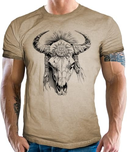 Herren T-Shirt mit Tattoo Design im Vintage Used Look: Bison Skull
