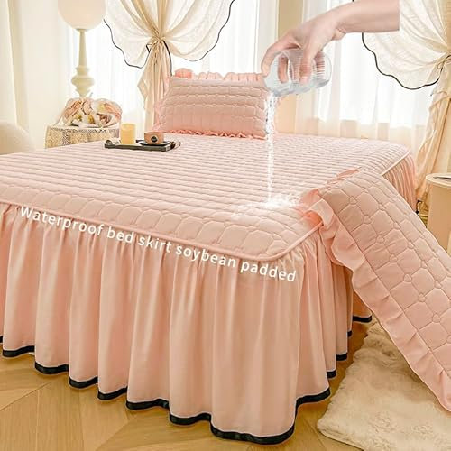 Cache-sommier à volants – Couvre-lit matelassé imperméable en coton délavé avec dentelle, style princesse, épais, antidérapant, pour chambre à coucher, dortoir, hôtel (rose, 2 taies d'oreiller)