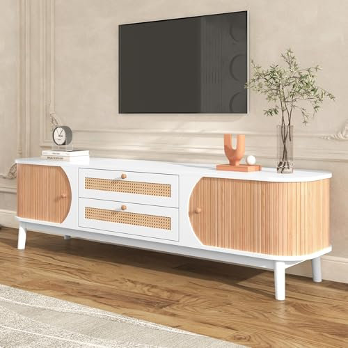 Generisch Meuble TV en Bois Naturel mélangé Meuble TV avec Portes et tiroirs, Meuble TV avec côtés en rotin, Style campagnard Naturel
