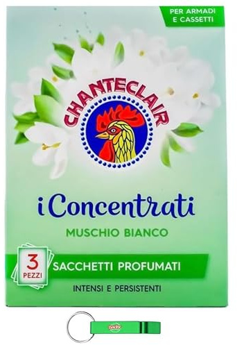 5X CHANTECLAIR Sacchetti Profumati I Concentrati - Sacchetti Profumati per Biancheria – Muschio Bianco – Ogni Confezione Contiene 3 Sacchetti Profumati + Beni Culinari Portachiavi Gratuito