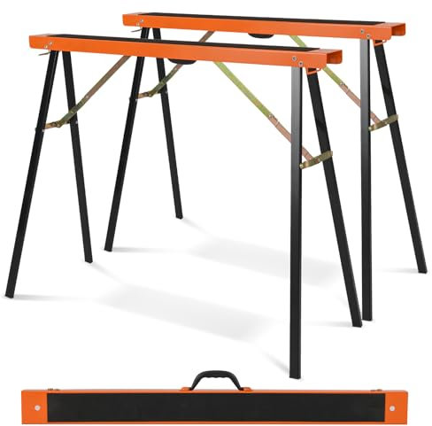 TANGZON 2PCS Folding Saw Horses, 375KG Heavy Duty Galvanized Metal Workbench Stands with Non-Slip Top, Carrying Handle & Hinge Brace, Twin Pack Portable Sawhorses (Black+Orange)