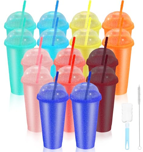 CoKeeSun 16 Stück Plastikbecher, 24oz/710ml Trinkbecher mit Strohhalm & Deckel, 8 Verschiedenen Farben Farbwechsel Becher, Wiederverwendbare für Eiskaffee Kaltes Trinken Smoothie Saft