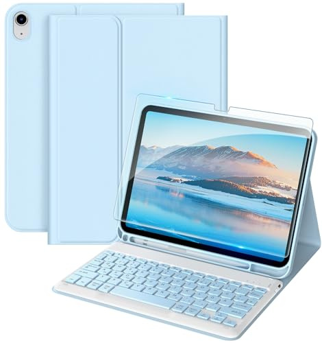 EasyAcc iPad 11 (A16) / 10 Generation Hülle mit Tastatur 11/10,9 Zoll 2025/2022 (A2696/A2757/A2777/A3162/A3354/A3355/A3356), Magnetisch Abnehmbarer mit Stifthalter Tastatur, Himmelblau