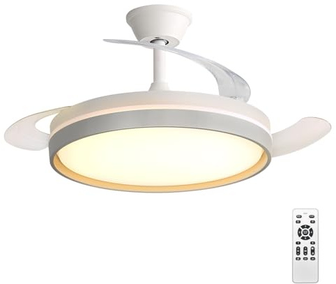 Ventilador de Techo con Luz LED 60W, con Mando a Distancia, Ø42in, temporizador, 6 velocidades, aspas retráctiles, 3 temperaturas de luz, función verano-invierno, 5600LM,Blanco minimalista moderno