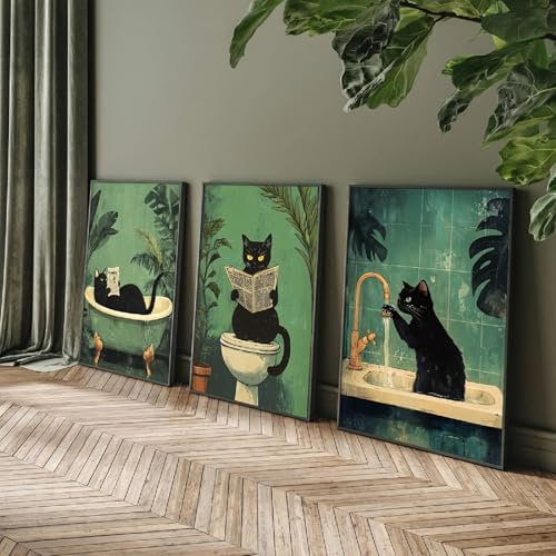 3er Retro Poster Set, Abstraktes und skurriles Badezimmer mit schwarzer Katze, Vintage-Tier-Dekorationskunstwerk, Retro-Dekor Bilder Toiletten- und Badezimmerbilder Grüne Dekor Bilder (50x70 cm)