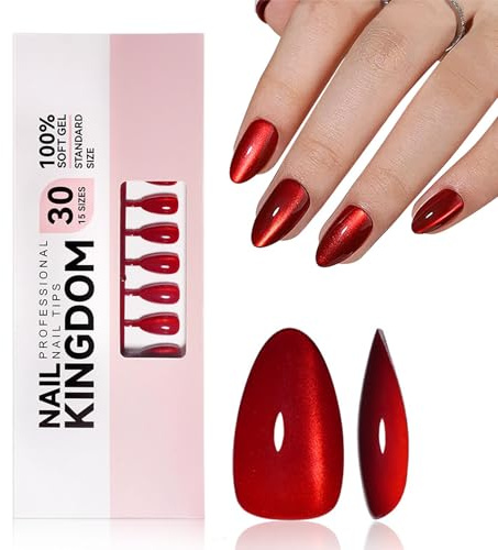 32 Pcs Red Cat Eye Press on Nails Almond Shape | 16 Sizes Cat Eye Glitter Short Fake Nails | Manicure Kit with Glue & Jelly Tabs | Nail File Included, Long Lasting & Natural like Real Nails