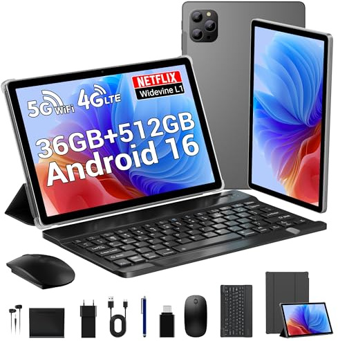 LEVIRTU Tablet 11 Pollici Android 16 con Octa Core,36GB RAM + 512GB ROM (2TB TF), 4G LTE/5G WiFi, Gemini AI, Widevine L1, 8000mAh,13MP+8MP, GPS, Face ID, BT 5.0, Tablet con Tastiera+Mouse-Grigio