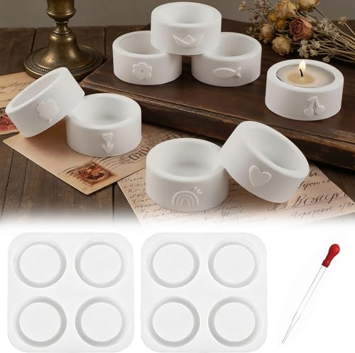 Silikonform Gießform für Teelichthalter Set 2 Stück Vierfachform Herz Blume Regenbogen Wiederverwendbare Gießform Teelichthalter für Kerzenhalter, Teelicht, Gips, Harz, Weihnachten, DIY Geschenkidee