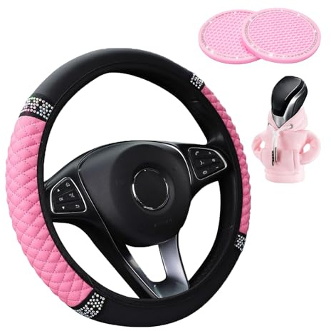 4 Stück Pinkes Auto Zubehör Innenraum Frauen Set mit Auto Lenkradbezug, Schaltknauf Abdeckung, Getränkehalter Untersetzer, Autozubehör für die meisten Autos (Rosa)