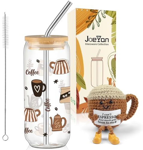 Joeyan Regalos de Apoyo Emocional, 600ml Vasos de Cristal con Tapa y Pajita | Taza de Crochet Tejido a Mano, Originales Idea Regalo para Amantes del café, Mujeres, Hombres, Amigos, Compañeros, Familia