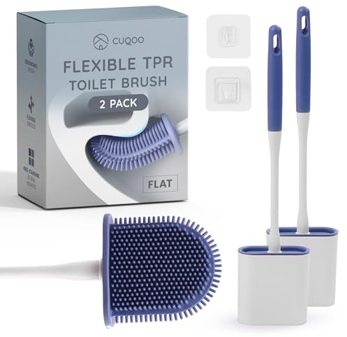 CUQOO 2 Pack Toilet Brushes & Holders | Flat Silicone Non-Scratch Loo Brush | HYGIENIC LOO BRUSH: rubber bristles · bowl cleaner · freestanding · TPR · white · compact · quick-drying · safe for porcelain
