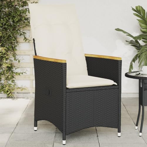 Emmtore Gartensessel Verstellbar mit Kissen, Gartenstuhl mit Stahlrahmen, Loungesessel für Außenbereich, Relaxsessel, Schwarz Poly Rattan