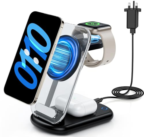 3 in 1 Wireless Charging Station for Apple Watch and iPhone | Fast Charging with Night Light, 15W Magnetic Foldable Charger for iPhone 17-12 Series/iWatch/AirPods 4/3/2/Pro 3/Pro 2