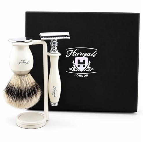 Haryali London, 3-teiliges Herren-Rasiermesser Set | Nassrasur Set aus Messing und Silber, inklusive Dachshaarpinsel mit silberner Spitze und Rasierständer aus Edelstahl – Nassrasurset
