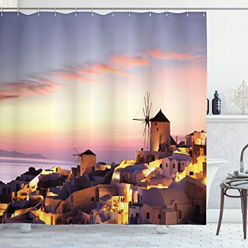 ABAKUHAUS Windmühle Duschvorhang, Santorini Griechenland, Stoffliches Gewebe Badezimmerdekorationsset mit Haken, 175 x 200 cm, Koralle Sandbraun