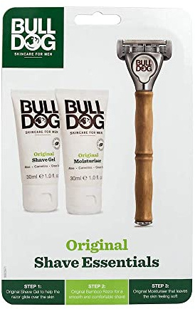 BULLDOG Skincare - Original Shave Essentials Starter Kit for Men (x1 Original Bamboo Razor, x1 Shave Gel 30ml, x1 Moisturiser 30ml)