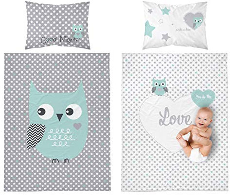 Baby Bettwäsche Set 2tlg. Eule 100% Baumwolle Größe: 100x135 cm, 40x60 cm, ÖkoTex Standard 100 Blau