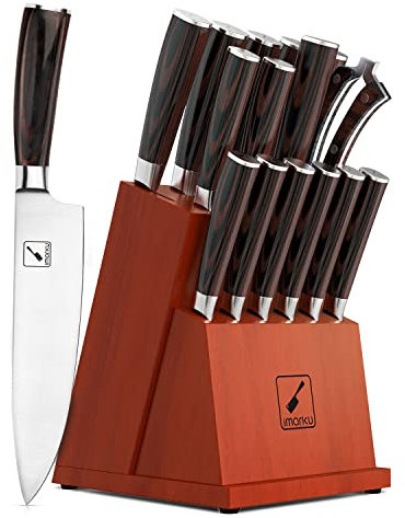 imarku Blocs couteaux - 16 Pièces Professionnels, Blocs Couteaux de Cuisine en Bois Innovant avec Porte Couteaux Steak Amovible, Set Couteau Allemands en Acier Inoxydable