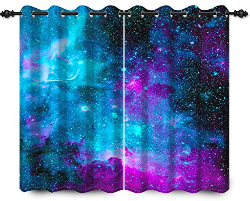 YONGFOTO 117x138cm Blau Lila Nebel Blackout Vorhänge Universum Galaxie Milchstraße Weltraum Fenstervorhänge für Wohnzimmer Kinder Mädchen Jungen Schlafzimmer Vorhänge Dekor, 2 Panel Set mit Löchern