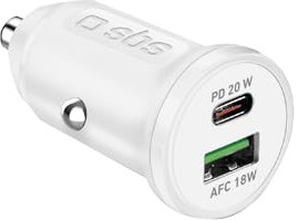 SBS Mini-Autoladegerät, Power Delivery 20 W, Schnellladung, Adaptive Fast Charge (AFC), Status-LED, USB-C, USB-A, 12-V-Buchse, für iPhone, iPad, AirPods, Samsung, Smartphone, Tablet, Weiß