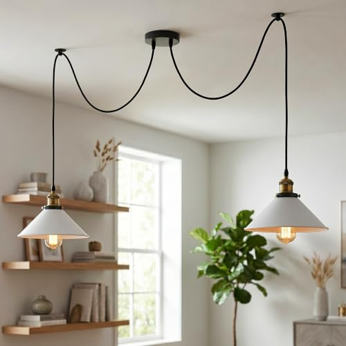 LEDSone Vintage 2-Kopf-Licht Spinnenlampe Pendelleuchte Höhenverstellbarer Metallkegel Lampenschirm Retro Industrieller Deckenleuchter mit E27-Fassung(Gebürstetes Kupfer-1) (Weiß)